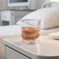 dentier posé dans un verre d'eau sur une table de chevet
