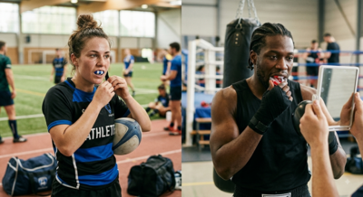 Photographie de style documentaire montrant une rugbywoman en tenue bleue portant un protège-dents à l'entraînement, et un boxeur avec des tresses en train d'insérer son protège-dents en se regardant dans un miroir (IA) - Agrandir l'image (fenêtre modale)