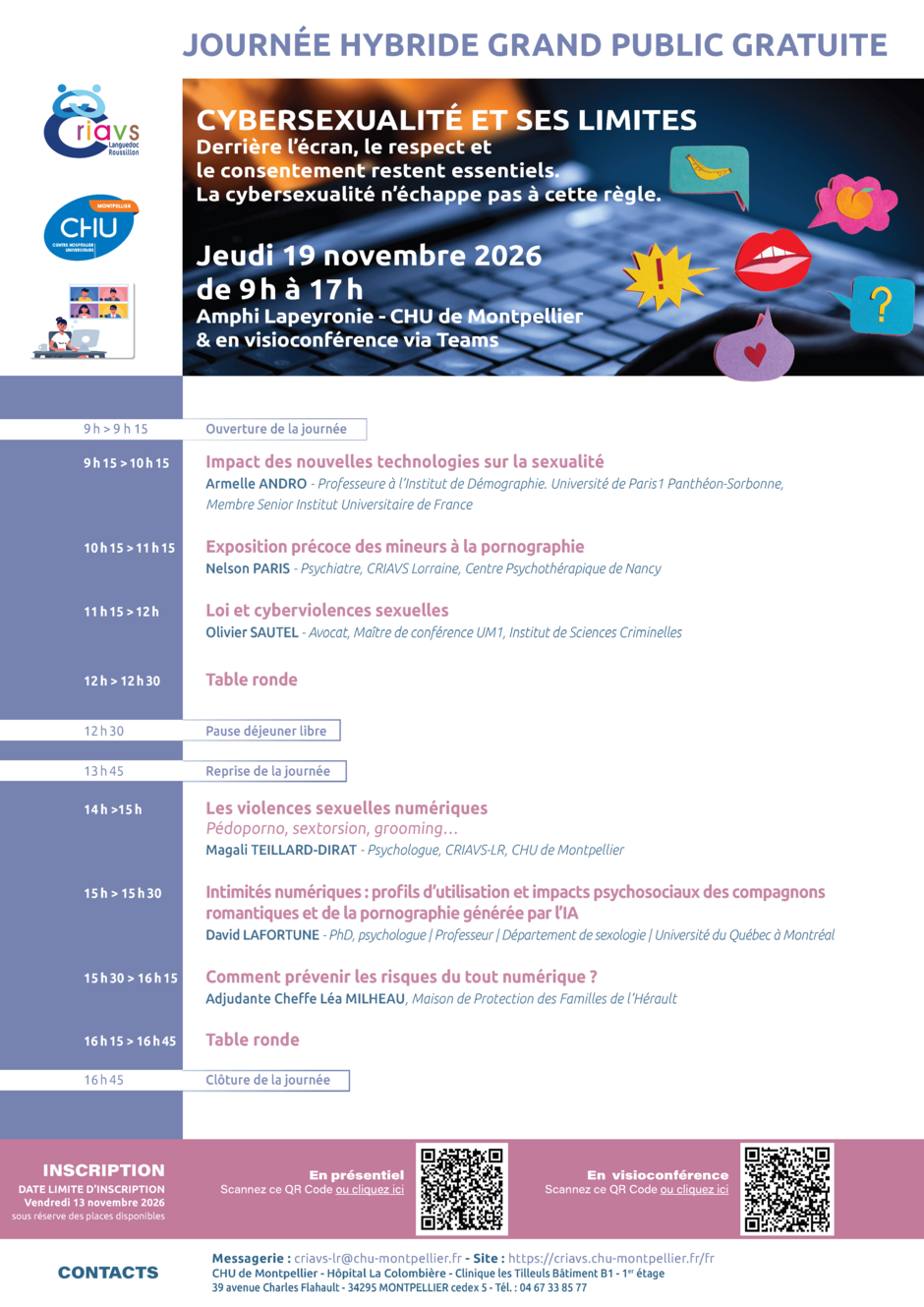 Affiche de la journée hybride grand public gratuite « Cybersexualité et ses limites », organisée par le CRIAVS-LR et le CHU de Montpellier, le 19 novembre 2026 à l'amphiéthéâtre Lapeyronie au CHU de Montpellier et en visioconférence. Conférences et tables rondes sur les impacts du numérique, la cyberviolence sexuelle, la prévention des risques en ligne et l'intelligence artificielle.