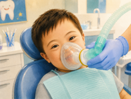 Un jeune garçon souriant assis sur un fauteuil dentaire avec un masque de meopa posé sur le nez