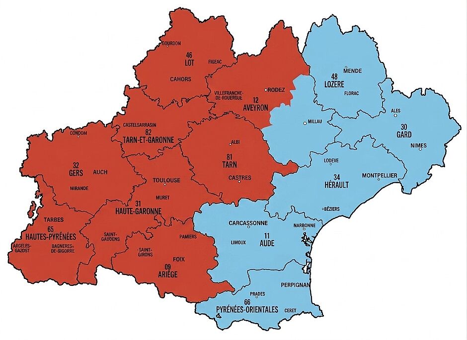 Carte de l'Occitanie montrant la répartition des départements entre le CHU de Montpellier (en rouge) et le CHU de Toulouse (en bleu) - Agrandir l'image (fenêtre modale)