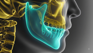 Illustration médicale en coupe sagittale de la mandibule et de l'articulation temporo-mandibulaire avec mise en évidence des structures anatomiques - Agrandir l'image (fenêtre modale)