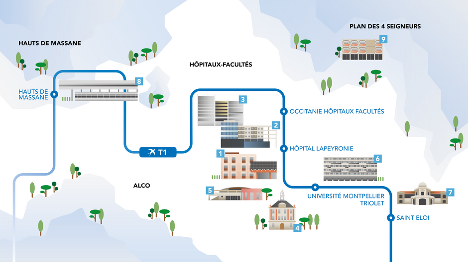 Plan des établissements du CHU de Montpellier dans la ville avec la ligne de tram n°1 - Agrandir l'image (fenêtre modale)