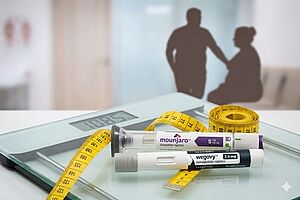 2 personne en soituation d'obésité attendent leur consultation dans un hopital. Au premier plan, on voit une balance, un mètre ruban et 2 stylets-piqûres de médicaments contre l'obésité.