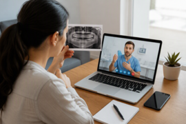 Une femme assise à son bureau observe une radiographie dentaire et s'entretient avec un chirurgien-dentiste via un ordinateur, en visio. Devant elle, se trouve un carnet de notes et un stylo.